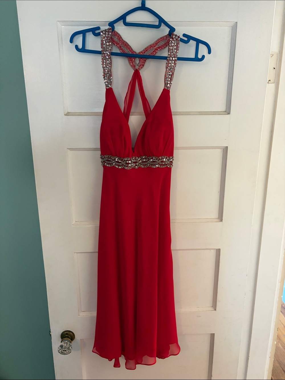 Red Embellished Halter Evening Dress
